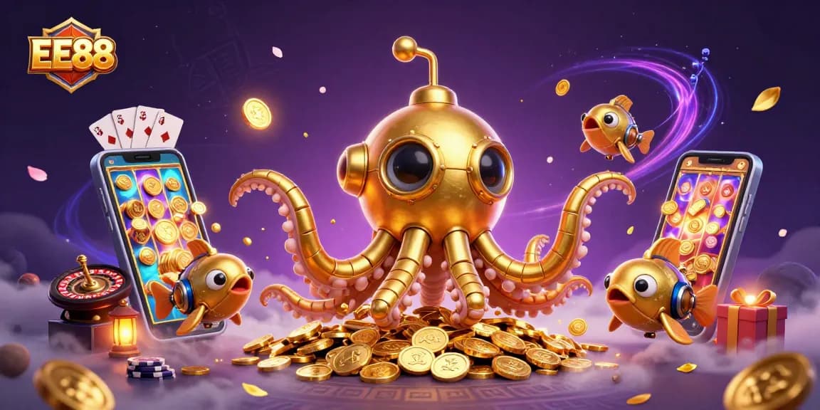 Experience excitement with EE88's captivating 3D casino illustration showcasing thrilling gameplay and golden rewards.
