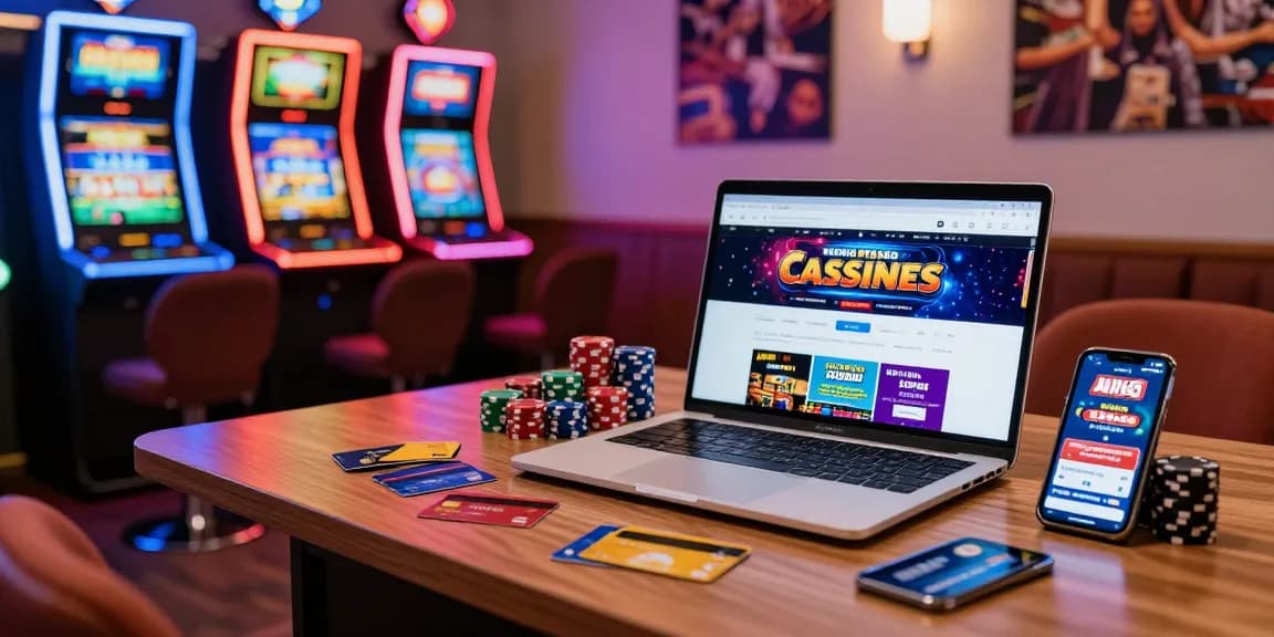 Explore the vibrant gaming atmosphere at https://ibn.org.uk featuring credit cards, casino games, and colorful slot machines.