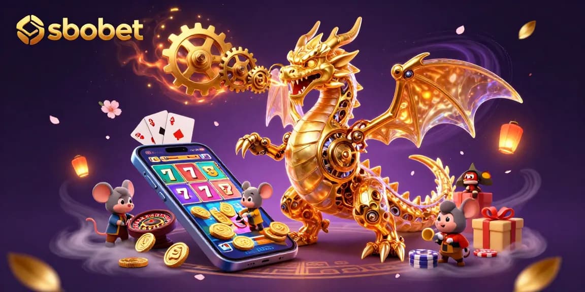 SboBet showcases a 3D dragon and mouse engineer amid vibrant slot game excitement.
