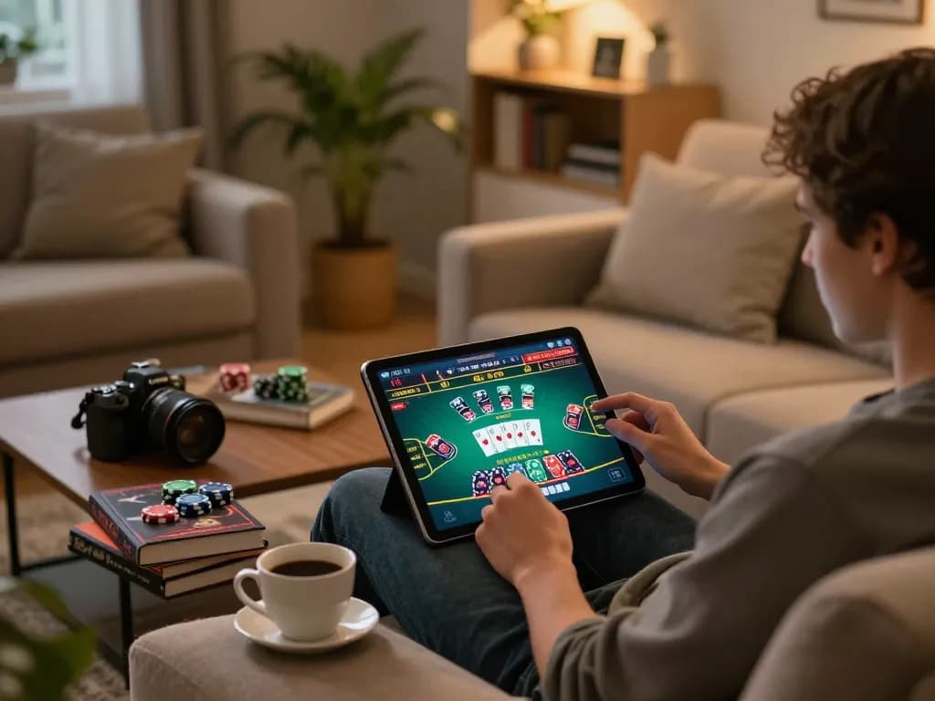 Engaged player utilizing the F168 online casino interface on a tablet while studying strategies in a cozy home setting.