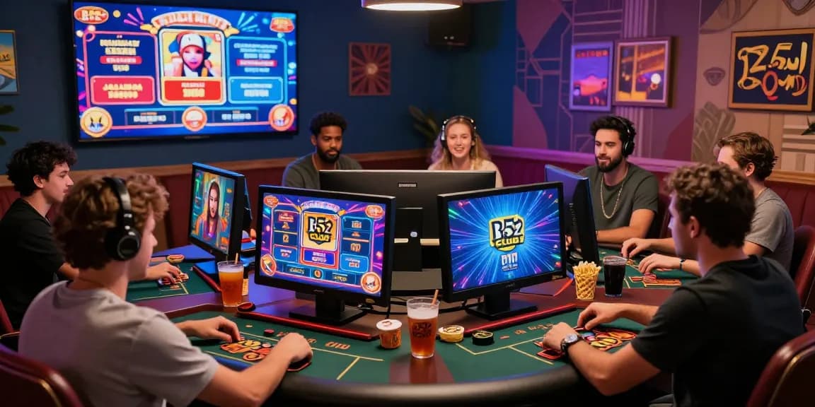Dynamic online gaming experience at https://b52club.radio.fm/ with players enjoying various casino games in a lively virtual room.