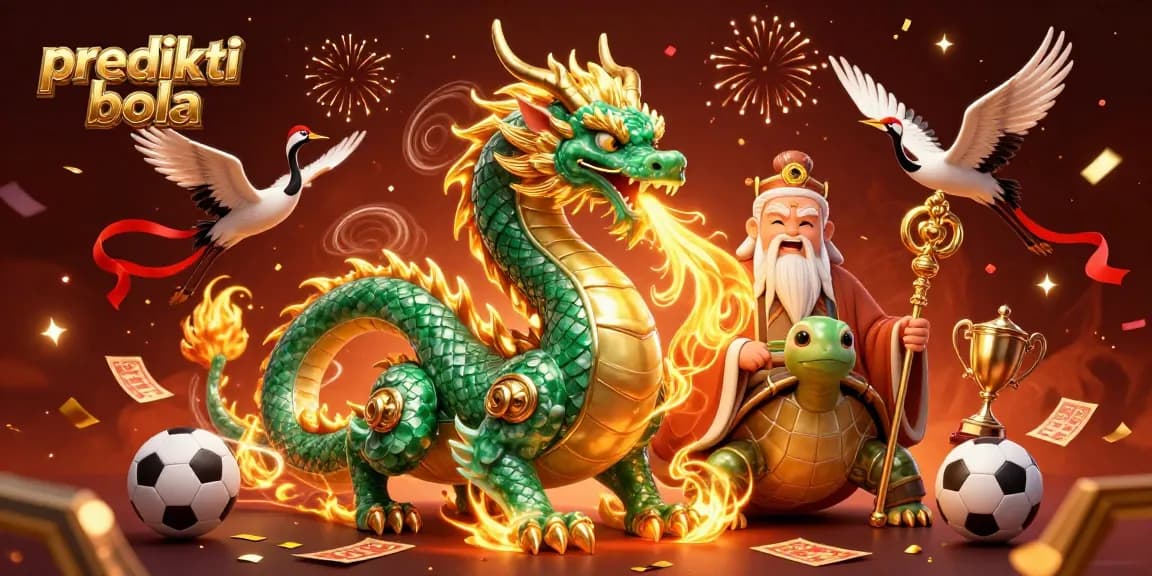 Engage with prediksi bola strategies in a dynamic casino scene featuring a jade dragon, turtle sage, and lucky cranes.
