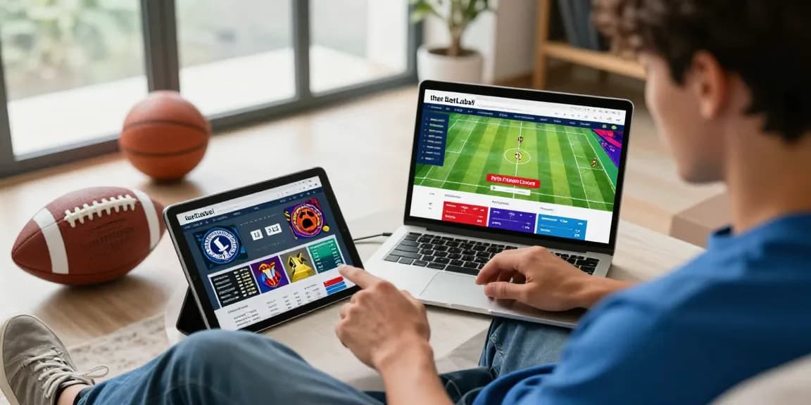 BetLabel Sportwetten: Athlet analysiert Statistiken auf Tablet in modernem Wettumfeld