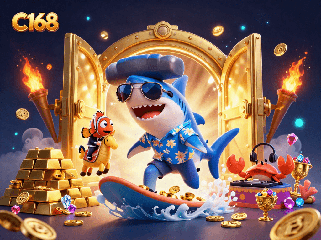 C168 surf the gold coin wave with vibrant underwater casino characters and treasures.