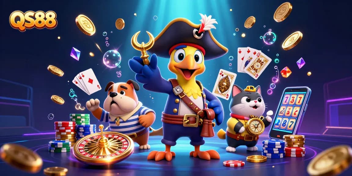 Spin and win with QS88's dynamic casino adventure featuring vibrant characters and exciting game elements.
