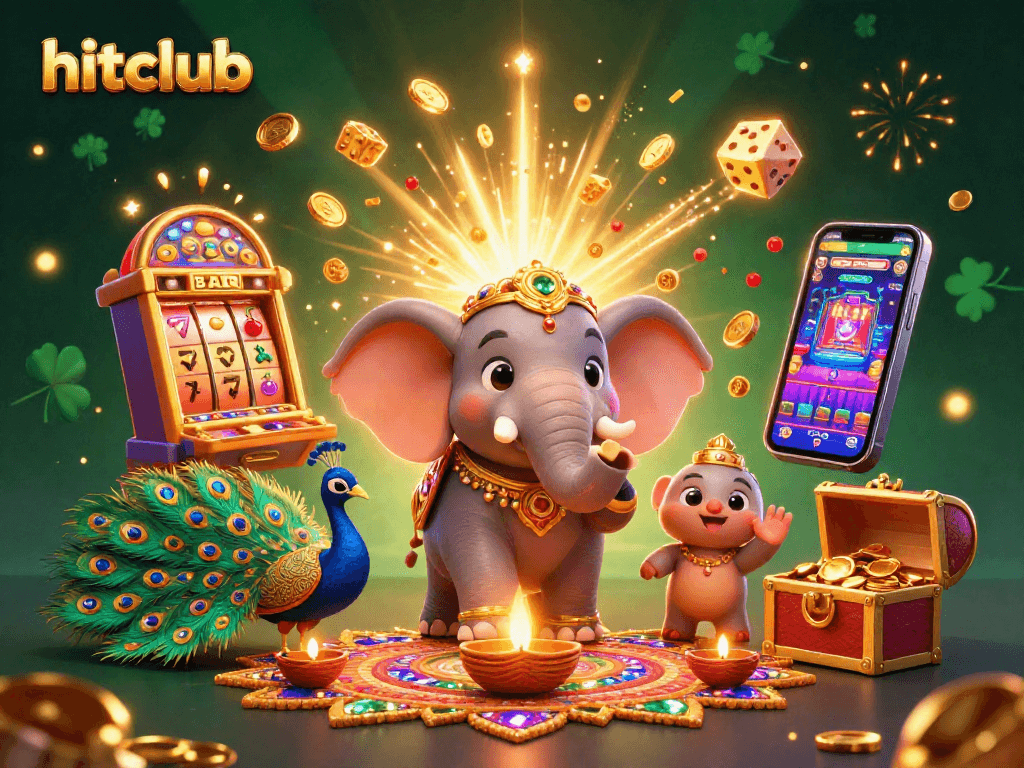 Hitclub brings to life vibrant jackpots with Diwali-themed characters celebrating wins in a colorful casino.