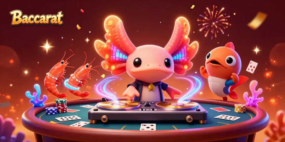 Baccarat scene featuring a vibrant 3D DJ axolotl with poker chips and playing cards