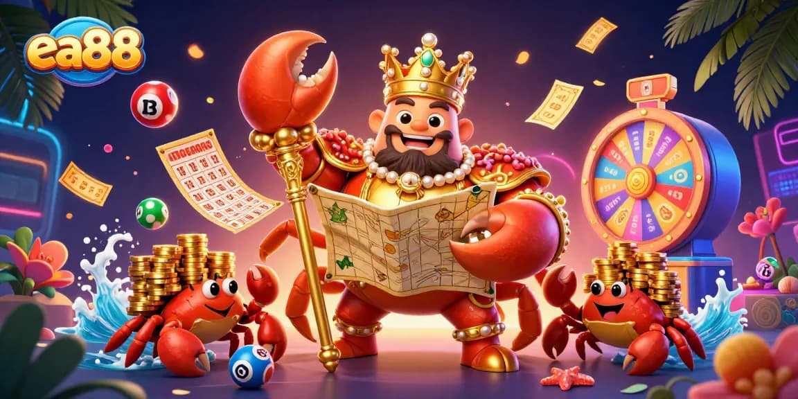 ea88 offers vibrant lottery excitement with a golden crab emperor and playful hermit crab servers.