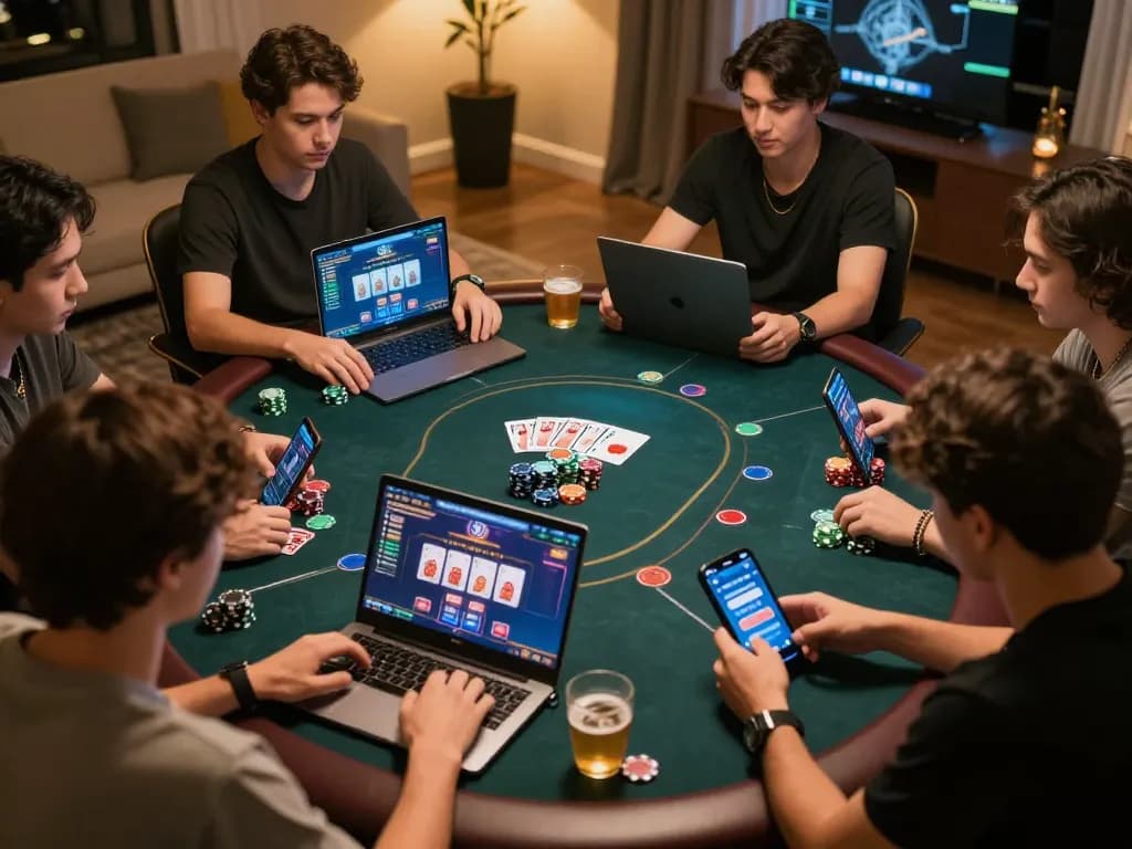 Players engaging in strategic gameplay with SC88 poker interface on laptops and smartphones.