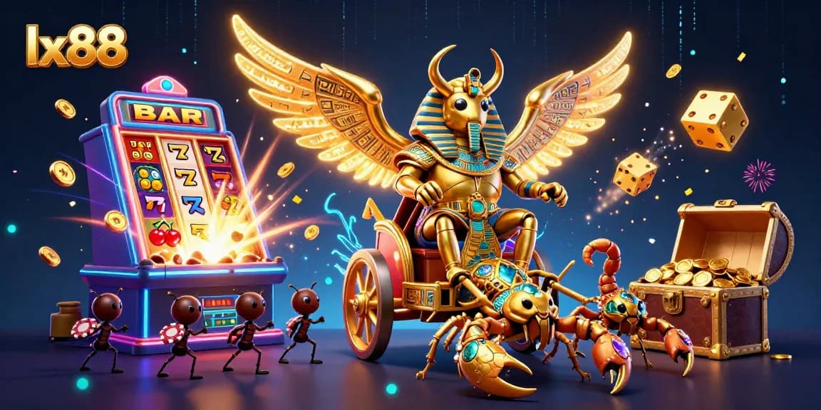 Experience the thrill of lx88 with a vibrant 3D illustration showcasing a colossal scarab beetle and casino elements bursting with excitement.