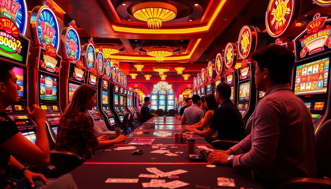 Play thrilling slot demo scatter hitam on vibrant casino slot machines with eager players.