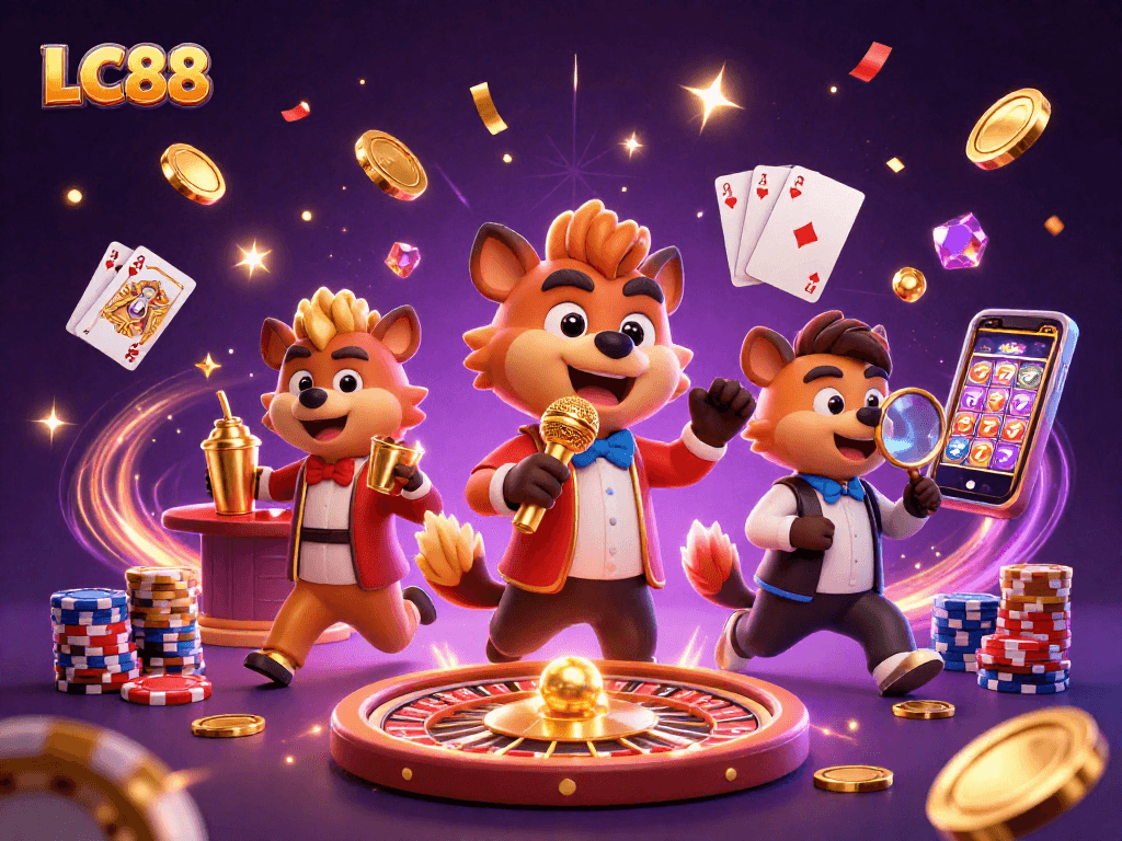 LC88 casino scene with cartoon hyenas engaging in comedy, mixing drinks, and monitoring IDs.