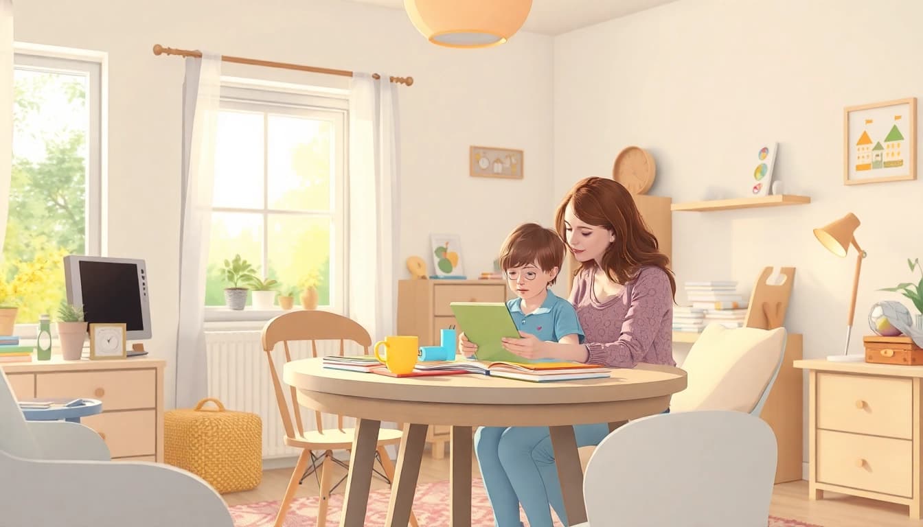 Das Bild zeigt einen entspannten Heimunterricht, bei dem ein Kind von seiner Mutter liebevoll gefördert wird.