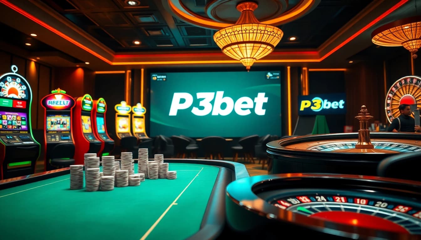 P3bet gaming scene with poker table, roulette wheel, and vibrant slot machines.