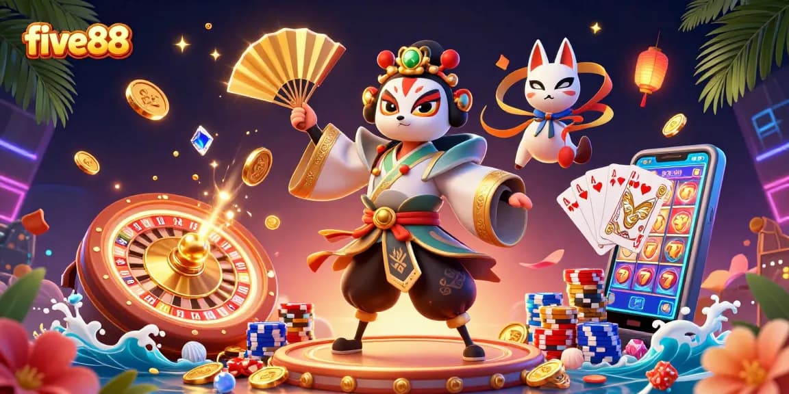 Play exciting games like slots and roulette with five88 in this vibrant digital illustration.