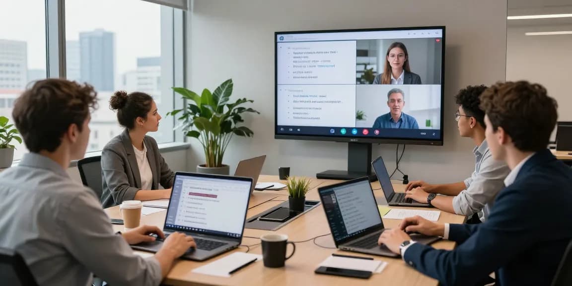 Professionelles Team während einer hybriden Besprechung, das Transync AI für die Übersetzung ins Deutsche nutzt.