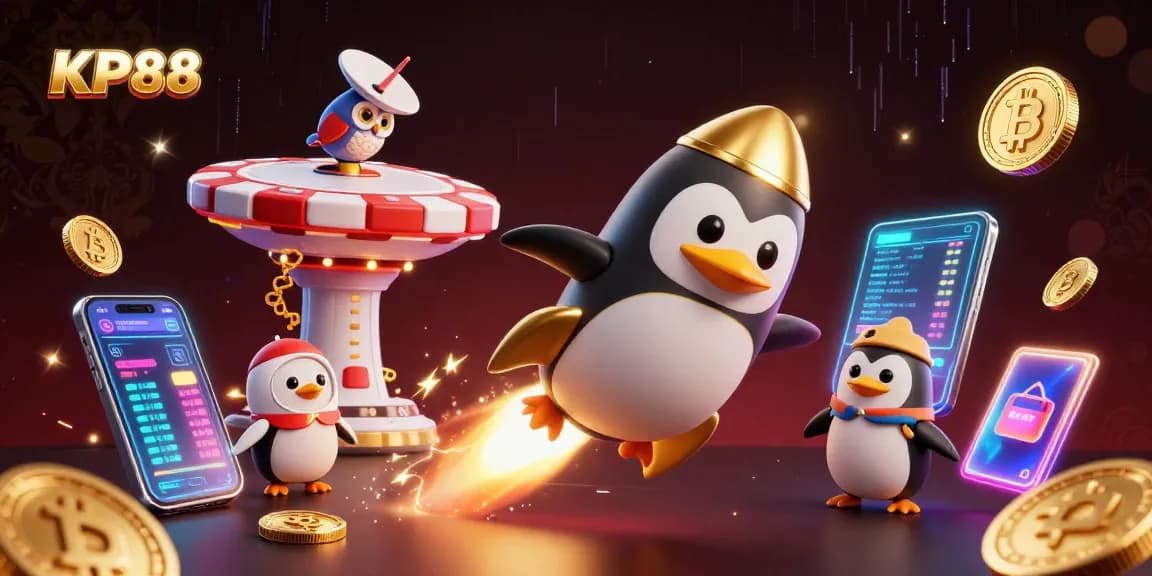 Experience KP88's vibrant gameplay as the golden penguin rockets towards casino rewards amidst glowing crypto elements.