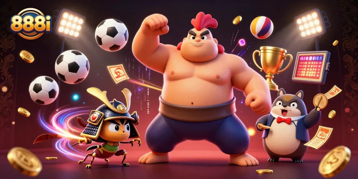 Experience the thrill of 888i with a dynamic scene of a sumo wrestler and sports betting excitement.