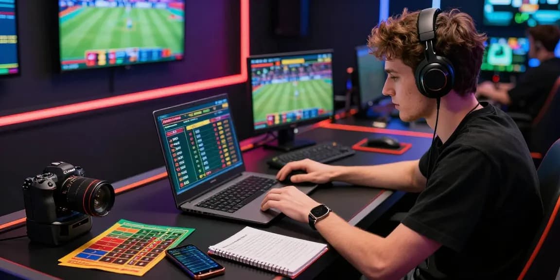 Exciting scene of a young adult engaged in kiralık bahis sitesi activities at a modern desk, surrounded by betting materials and live sports.