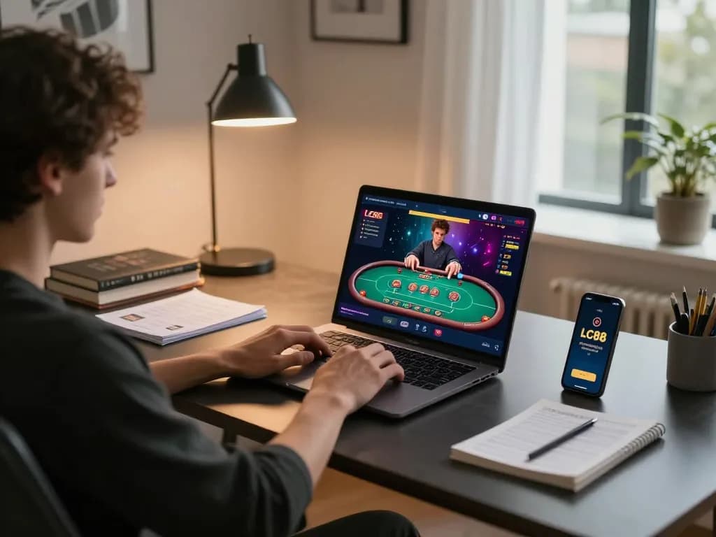 Play LC88 online casino from a modern home office setup with dynamic gameplay interface.