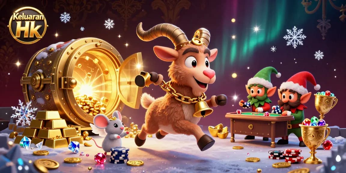 Keluaran Hk showcases an engaging scene of festive characters in a casino environment with magical treasure elements.