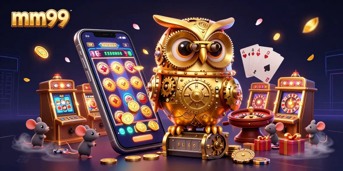 Experience exciting gaming at mm99 with a dynamic illustration featuring animated casino elements.