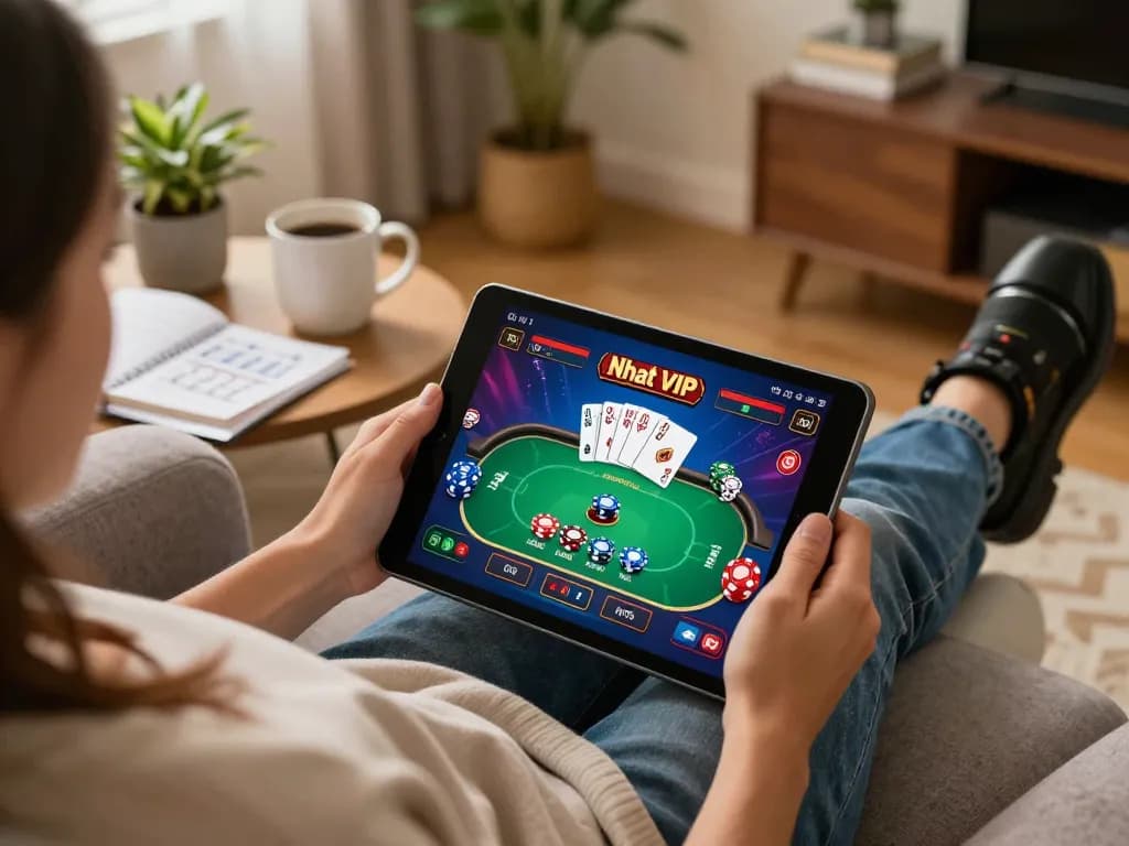 Nhat VIP player enjoying online gaming on a cozy sofa with poker interface.