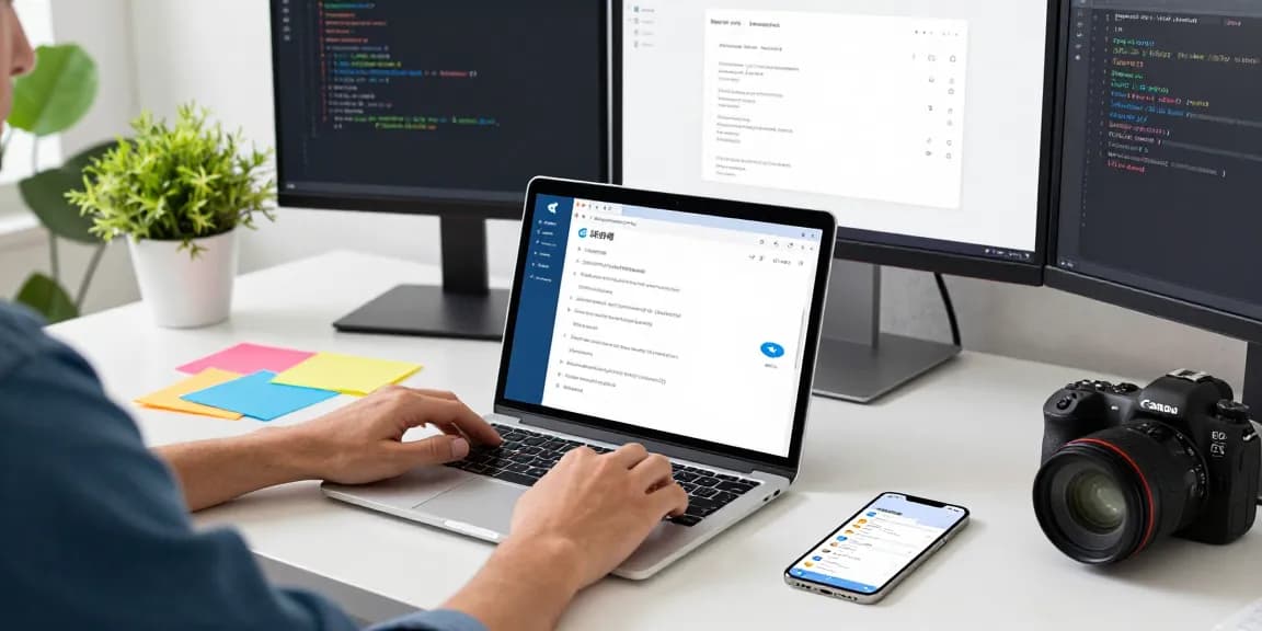Telegram中文 interface setup on a laptop in a vibrant tech workspace