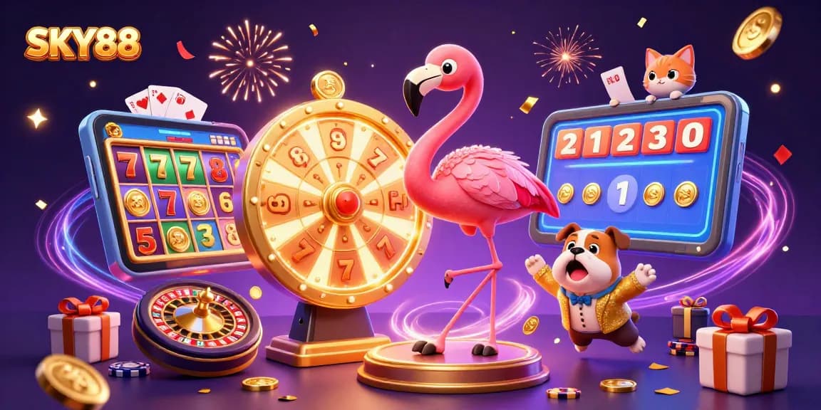Reveal exciting prizes with SKY88's game show host flamingo spinning the golden wheel!