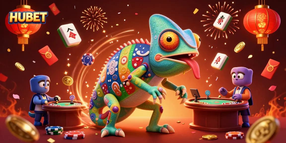 Experience HUBET's vibrant casino world with the chameleon owner and golden gameplay magic.