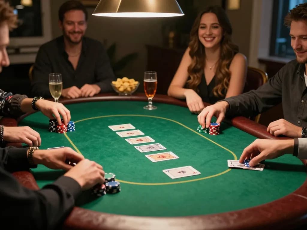 Engaged players placing bets while participating in serious tin soi kèo poker game, vibrant atmosphere.
