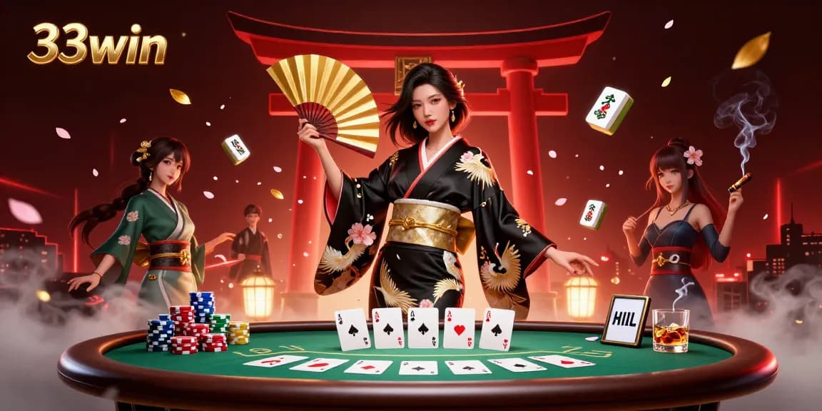 33win casino illustration showcasing a stylish Asian woman and vibrant poker elements