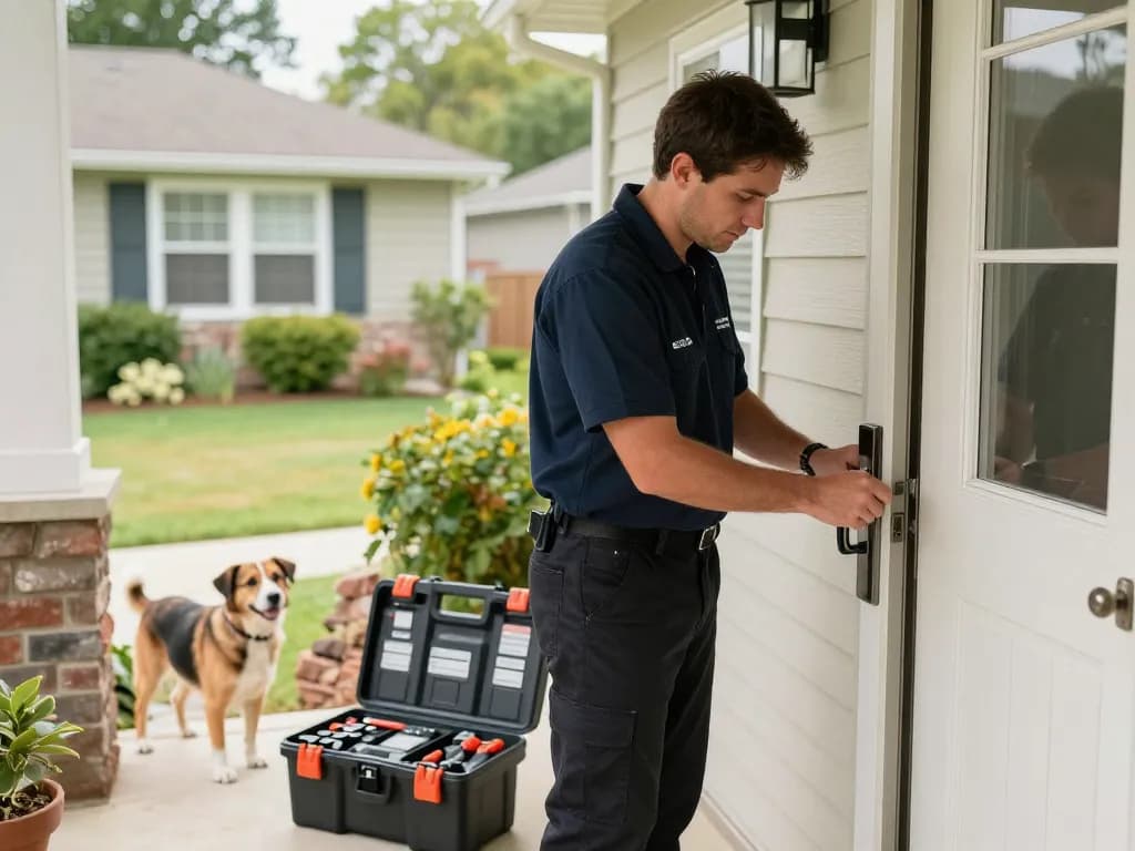 Local locksmith Stuart providing expert lock service to a friendly neighborhood, highlighting community trust.