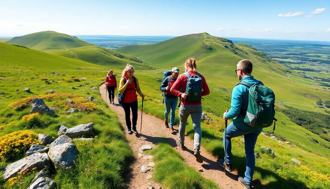 Wanderer genießen den Wicklow Way Irland auf einer malerischen grünen Route.