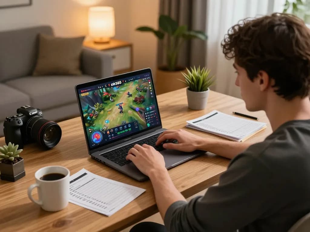 An engaged player strategizing tại ok365 at a home office gaming setup, showcasing online gambling atmosphere.