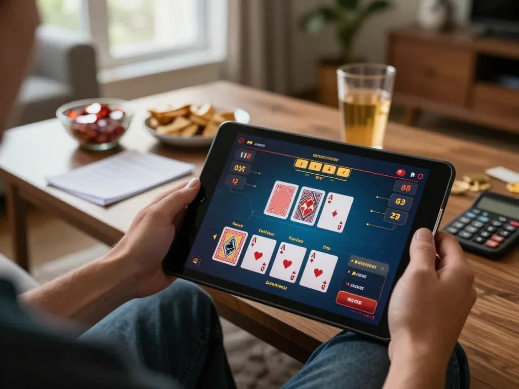 Engaging online poker game on tablet showcasing fc88, player analyzing cards and strategies in cozy home setting