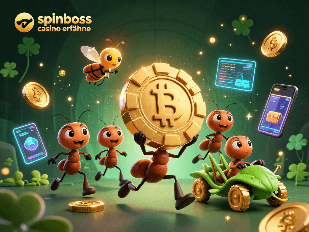 Spinboss Casino Erfahrungen: Ant-Team bei einem Heist mit Pokerchip und Kryptowährungen in einem spannenden Tunnelabenteuer.