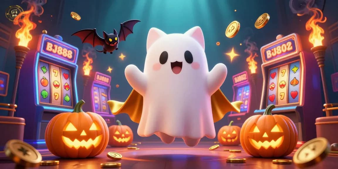BJ888 offers an exciting casino scene with a ghost cat and bat, perfect for thrill-seekers.