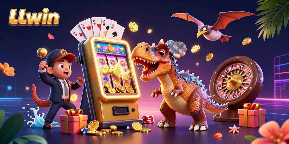 LLwin captures a wild casino scene with animated dinosaurs and jackpot action.