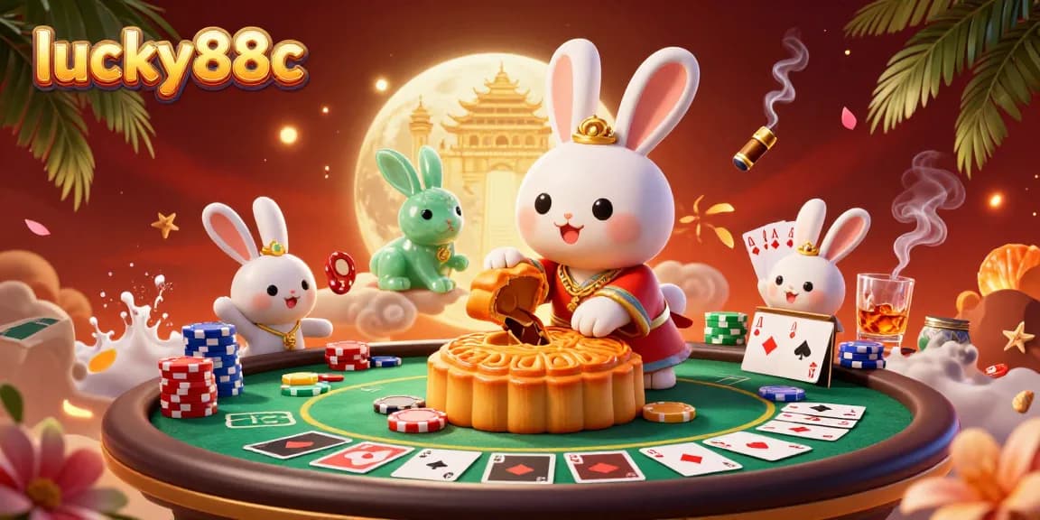 Spin the reels with lucky88c, showcasing a vibrant casino scene filled with poker excitement and lunar charm.