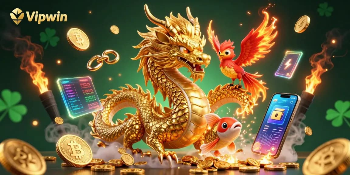 Experience the excitement of Vipwin with a golden dragon and vibrant casino elements.