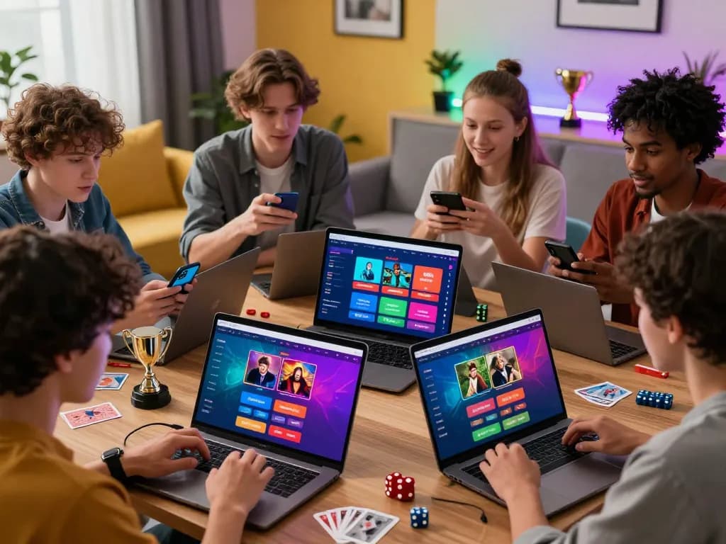 Players using devices to engage with Onbet's online gaming platform, showcasing excitement and interaction in a vibrant home setting.