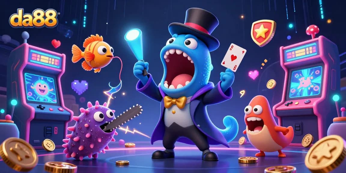 da88 showcases a dynamic casino scene with colorful characters performing card tricks amid vibrant gambling elements.