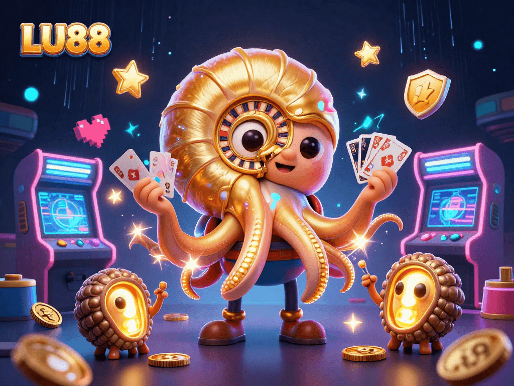 Experience exciting gaming with LU88, featuring a vibrant 3D nautilus roulette wheel and arcade machines.