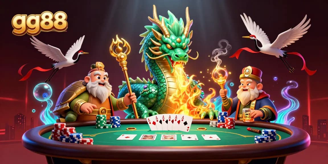 Engage with gg88's vibrant gambling scene featuring mystical creatures and poker elements.