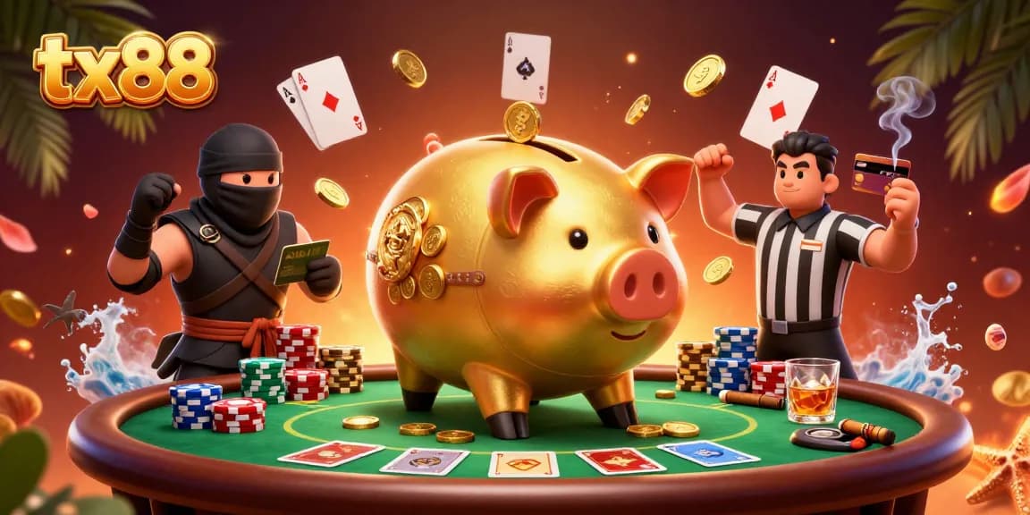 Engage with the tx88 thrilling action of a piggy bank wrestler amid a vibrant casino scene.