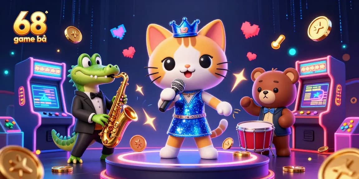 Engaging scene with characters at 68 game bài casino, featuring jazz singer cat, saxophone crocodile, and drum bear.