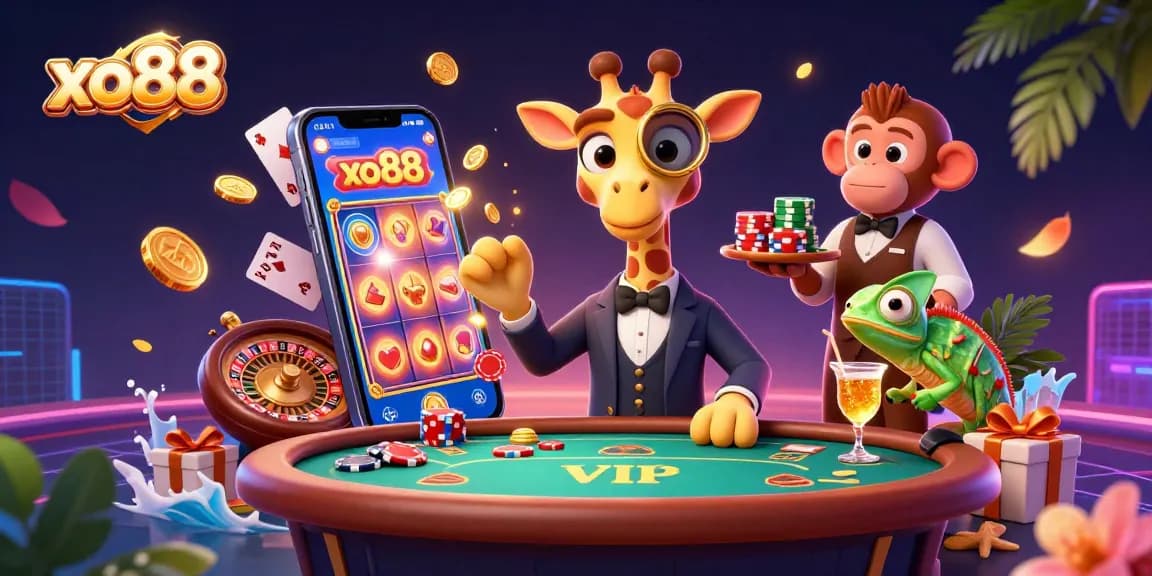 Experience the excitement of xo88 with this vibrant 3D scene of a high-roller giraffe at a poker table, showcasing dynamic gambling elements.