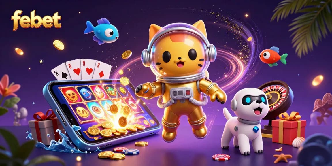 Join the excitement at febet with a 3D illustration showcasing a vibrant casino scene full of thrilling games and characters.