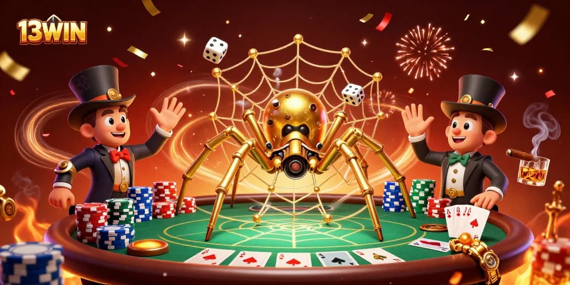 Experience the thrill of 13WIN with golden spider webbing poker chips and dice in an exciting casino atmosphere.